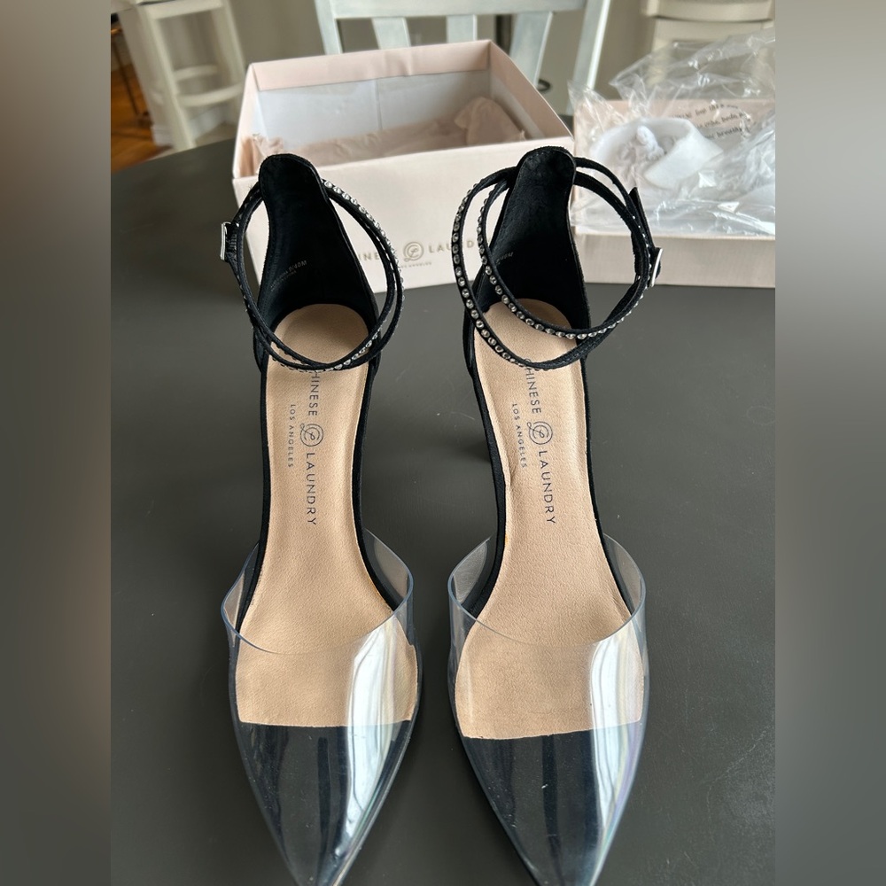 Classy Black Pointed-Heel with Clear Toe and Rhinestone Detail